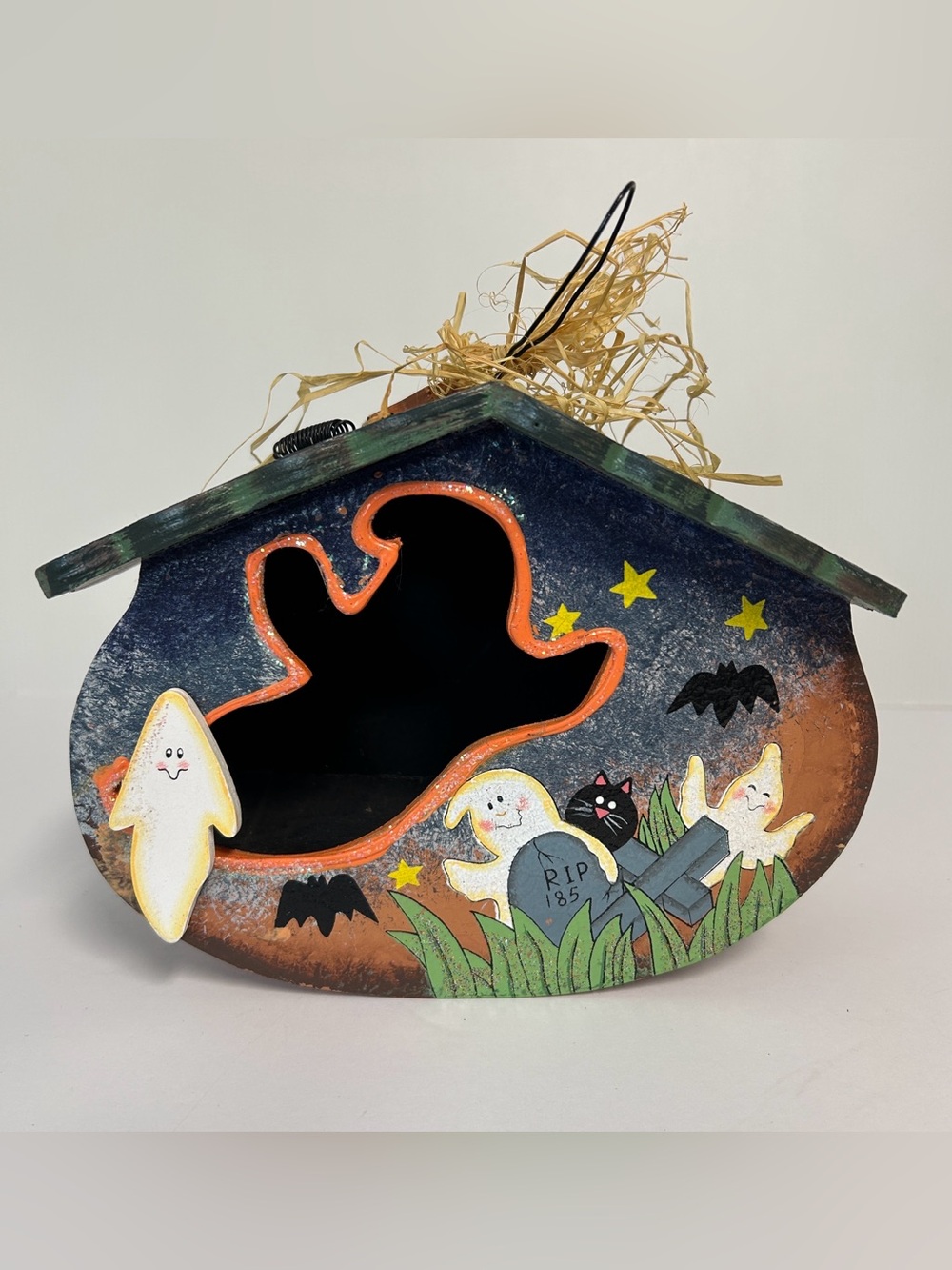 Rustic Halloween Handpainted Wooden Resin Hanging Spooky Ghost House Decor